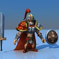 Animated Medieval Warrior Game Character With Red Cape Armor Helmet Sword And Shield