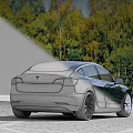 Black Tesla Sedan Parked On Pavement With Green Forest Background