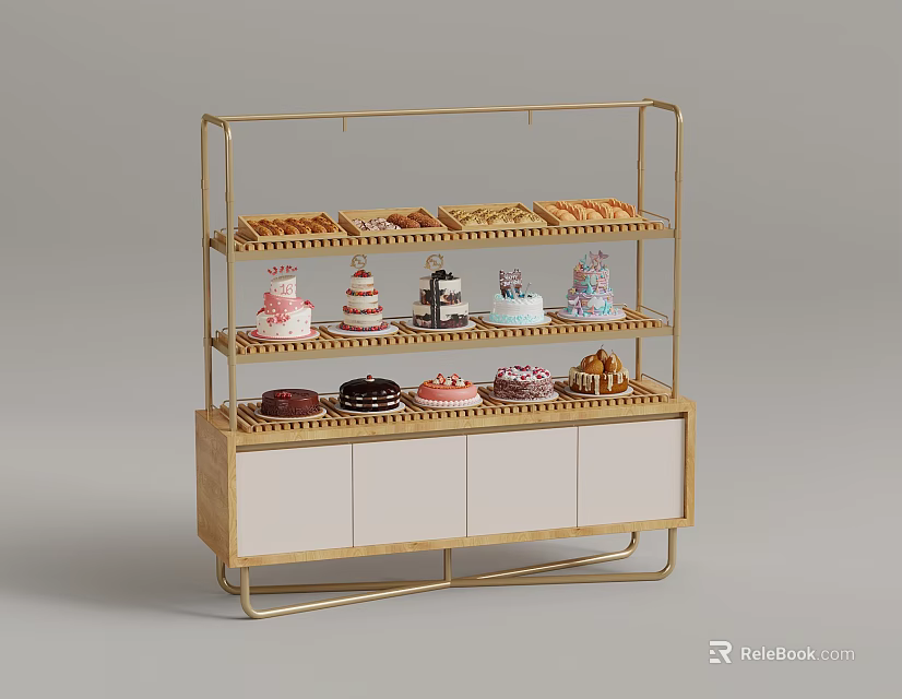 Gold Metal Pastry Display Shelf With Various Cakes Pastries And Wooden Cabinet 3d model 