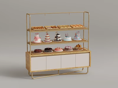 Gold Metal Pastry Display Shelf With Various Cakes Pastries And Wooden Cabinet 3d model