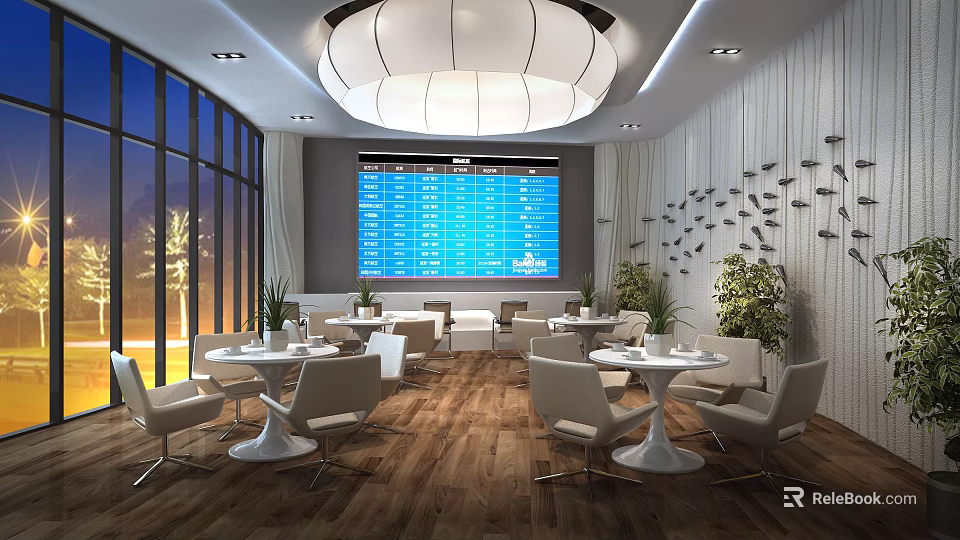 Modern Casual Lounge Area With Large Blue Screen Tables Chairs Pendant Light And Wooden Flooring 3d model 