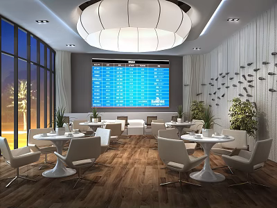 Modern Casual Lounge Area With Large Blue Screen Tables Chairs Pendant Light And Wooden Flooring 3d model