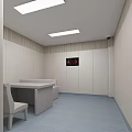Casual Lounge Area with White Walls Light Blue Carpet Table Chair Wall Screen Ceiling Lights