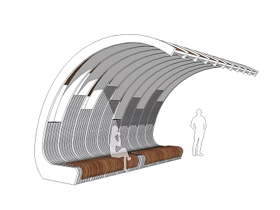 Elegant Modern Curved Pergola With Wooden Benches And Slatted Roof 3d model
