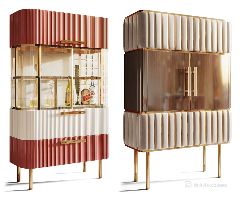 Modern Luxury Ribbed Entryway Cabinet And Side Cabinet With Glass Doors Drawers And Gold Legs 3d model 
