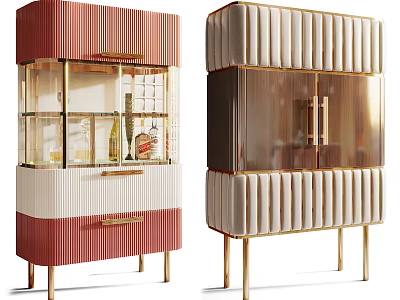 Modern Luxury Ribbed Entryway Cabinet And Side Cabinet With Glass Doors Drawers And Gold Legs 3d model