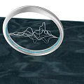Modern Circular Sculpture With Mountain Line Design Blue Light Ring Urban Background Water Reflection