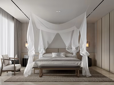 Modern Bedroom Interior With White Canopy Bed Wooden Nightstands And Light Curtains 3d model