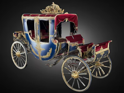 Ornate Horse Drawn Carriage With Blue Body Red Interior And Golden Decorations 3d model