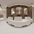 Public Restroom Interior With Three Washbasins Oval Mirrors And Pendant Light On Wooden Walls
