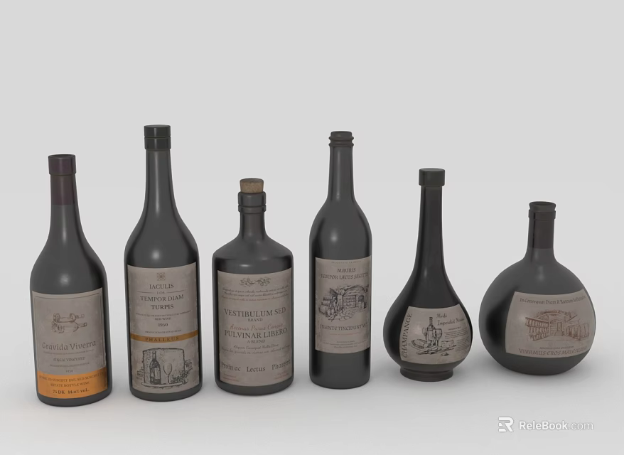 Various Wine Bottles With Different Shapes And Vintage Labels Arranged In Row 3d model 