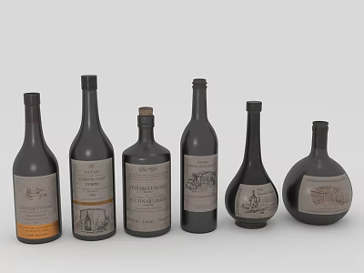 Various Wine Bottles With Different Shapes And Vintage Labels Arranged In Row 3d model
