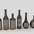 Various Wine Bottles With Different Shapes And Vintage Labels Arranged In Row