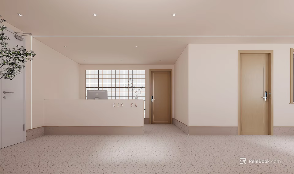 Modern Elevator Lobby Interior With Reception Desk And Lattice Window 3d model