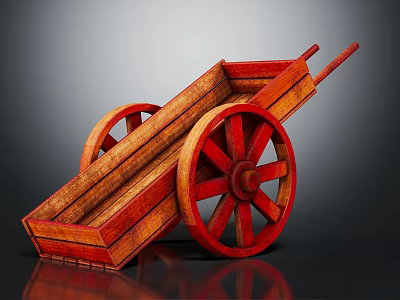 Vintage Wooden Hand Cart With Red Wheels And Classic Retro Design Details 3d model