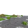 Garden Landscape Featuring Stone Pathway Green Lawn Bushes Small Plants And Decorative Rocks