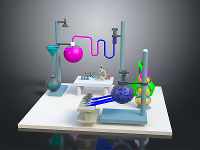 Colorful Laboratory Setup With Flasks Test Tubes Burette Condenser Stand And Workbench 3d model