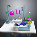 Colorful Laboratory Setup With Flasks Test Tubes Burette Condenser Stand And Workbench