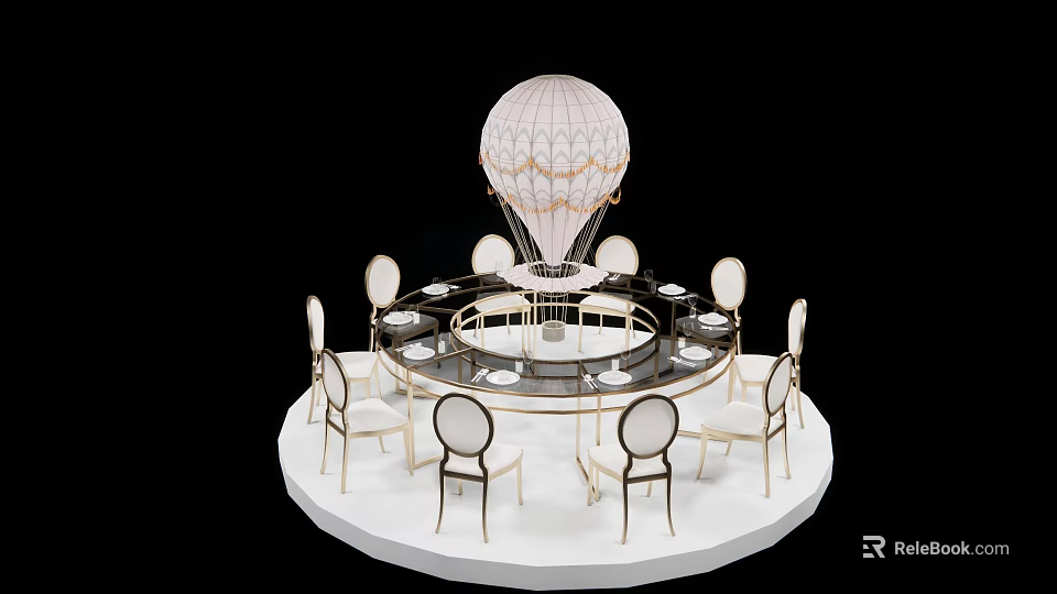 Elegant Round Dining Table Setup with White Chairs Gold Accents and Hot Air Balloon Model 3d model 