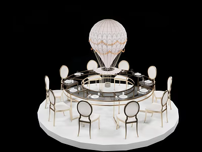 Elegant Round Dining Table Setup with White Chairs Gold Accents and Hot Air Balloon Model 3d model