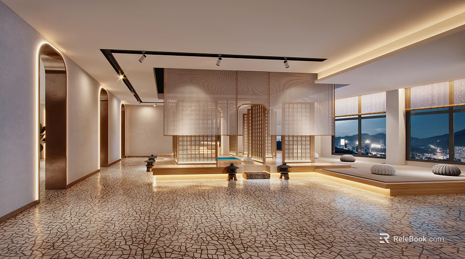 Modern SPA Sauna Interior Design With Wooden Screens And Comfortable Relaxation Benches 3d model 