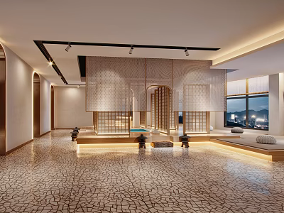 Modern SPA Sauna Interior Design With Wooden Screens And Comfortable Relaxation Benches 3d model