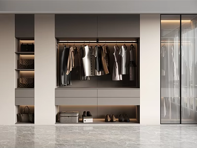 Sleek Modern Wardrobe Design With Hanging Clothes Shoes Drawers And Storage Boxes 3d model