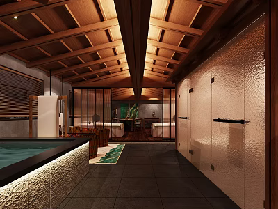 Elegant Private Box Interior Featuring Wooden Ceiling Hot Spring Pool Glass Partitions and Stone Walls 3d model