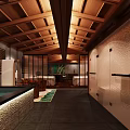 Elegant Private Box Interior Featuring Wooden Ceiling Hot Spring Pool Glass Partitions and Stone Walls
