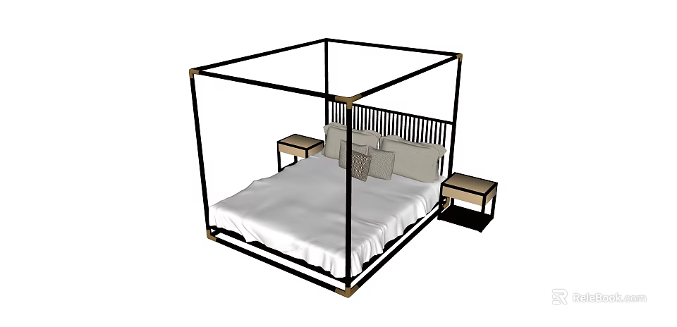 Modern Minimalist Double Bed With Black Frame Nightstands And White Bedsheets 3d model 