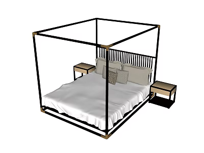 Modern Minimalist Double Bed With Black Frame Nightstands And White Bedsheets 3d model