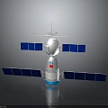 Satellite Spacecraft Equipment With Blue Solar Panels Red Logo And White Main Body Structure