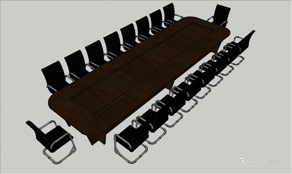 Long Wooden Office Conference Table With Black Chairs And Metal Legs 3d model 