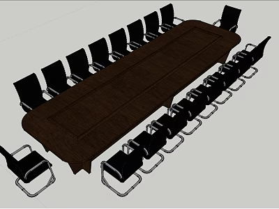 Long Wooden Office Conference Table With Black Chairs And Metal Legs 3d model