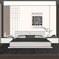Modern Bedroom Interior With Double Bed Abstract Wall Art Geometric Accent Wall And Area Rug
