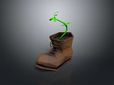 Brown Leather Boots With Green Plant Growing Inside Low Poly Design 3d model