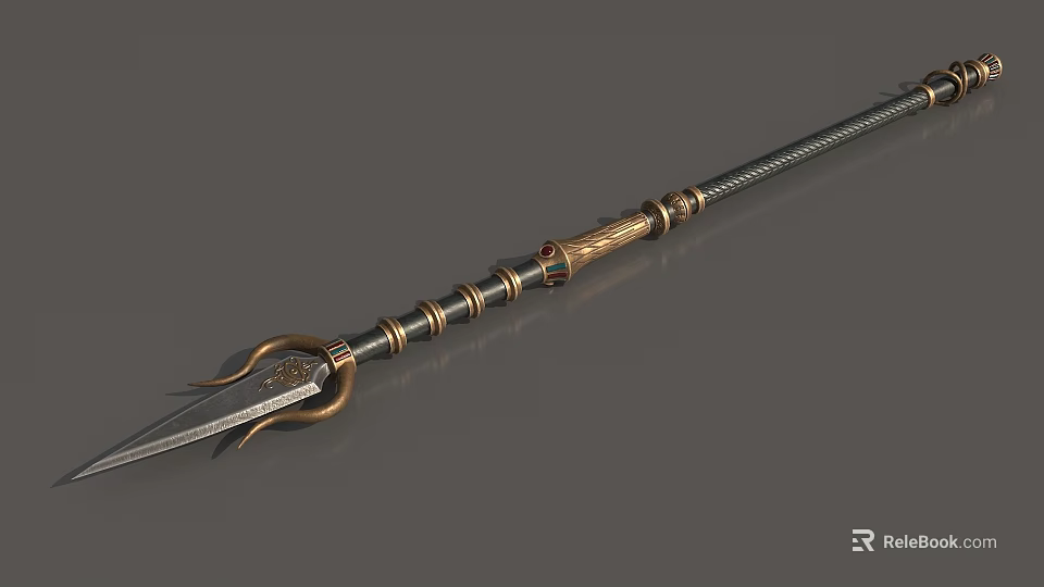 Intricate Metal Spear Weapon With Golden Decorative Accents And Sharp Blade Design 3d model 