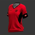 Red Sports Jersey With V Neck Black Sleeves And Denmark Flag Logo