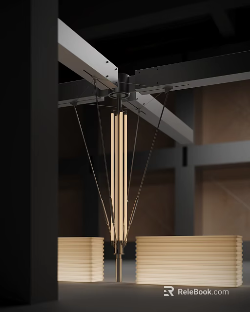 Art Installation With Suspended Metal Structures And Wooden Elements In Contemporary Space Design 3d model 