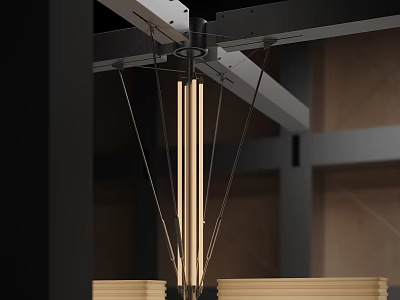 Art Installation With Suspended Metal Structures And Wooden Elements In Contemporary Space Design 3d model