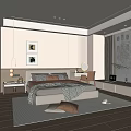 Modern Minimalist Bedroom Interior With Soft Bedding Wall Art Round Mirror And Wooden Flooring