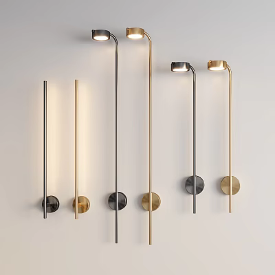 Modern Wall Lamps With Slim Rods And Round Bases In Gold Silver Black Metal Finishes 3d model