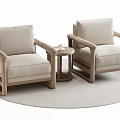 Two Light Beige Single Sofas with Wooden Armrests and Round Side Table on Gray Carpet