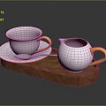 Decorative White Teacup And Milk Jug With Gold Trim On Wooden Tray Including Silver Spoon