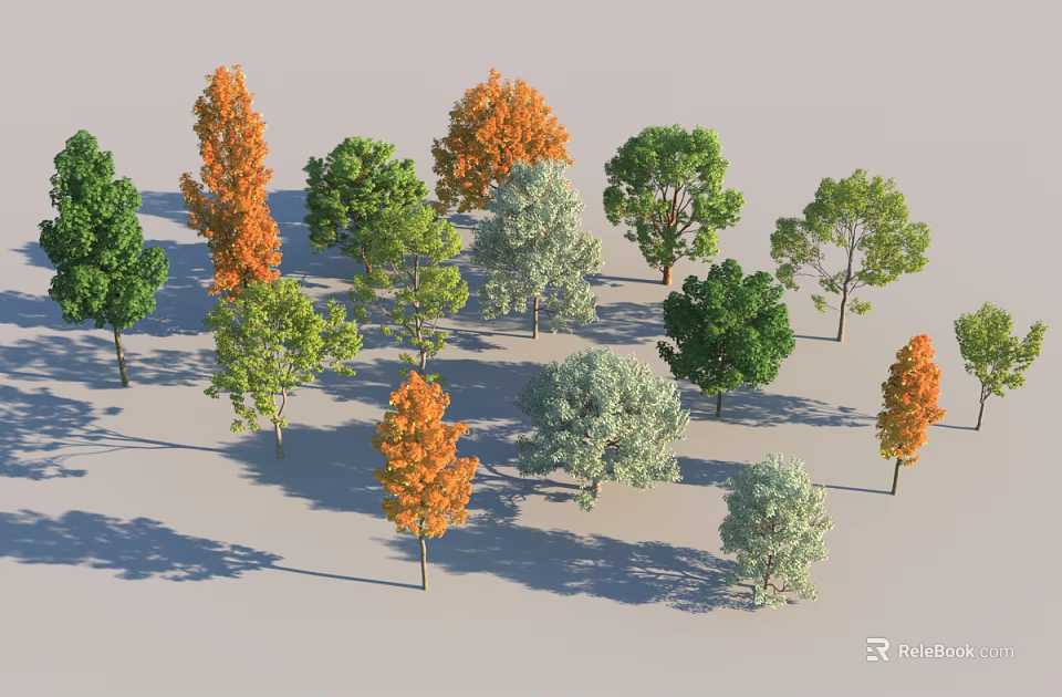 Diverse Arbor Trees With Green Orange White Foliage And Natural Shadows 3d model 