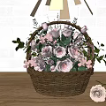 Wicker Basket With Pink And Lavender Roses On Wooden Table White Brick Wall