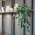 Modern Cafe Interior With Coffee Sign Metal Grid Wall Green Plants Wooden Bar And Black Stools