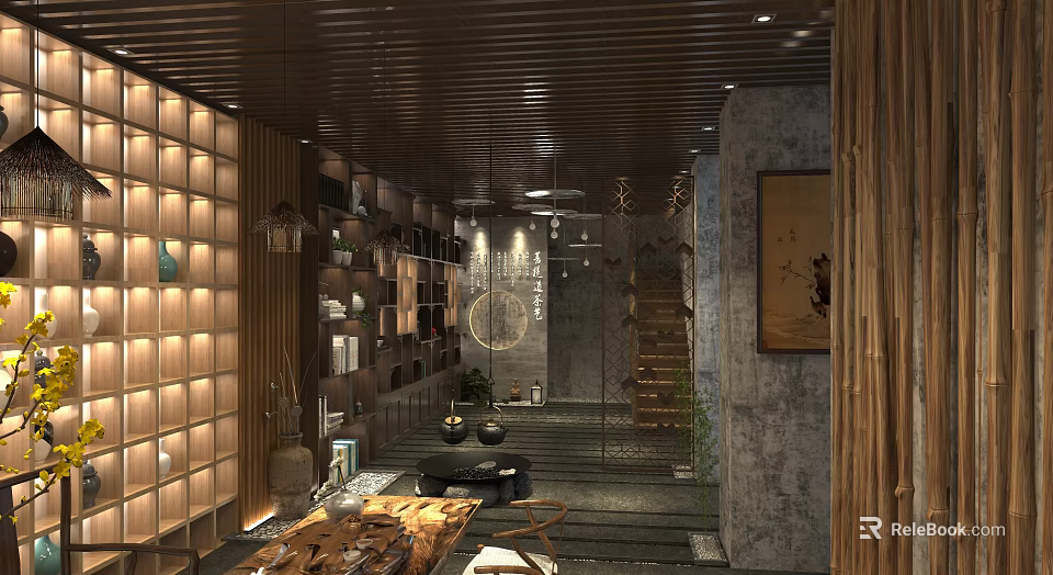 Traditional Teahouse Interior Design With Wooden Decor Bookshelves And Tea Sets 3d model 