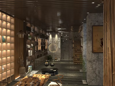 Traditional Teahouse Interior Design With Wooden Decor Bookshelves And Tea Sets 3d model