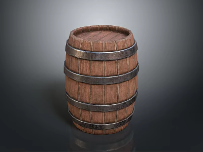 Wooden Barrel With Metal Hoops And Textured Surface On Dark Background 3d model